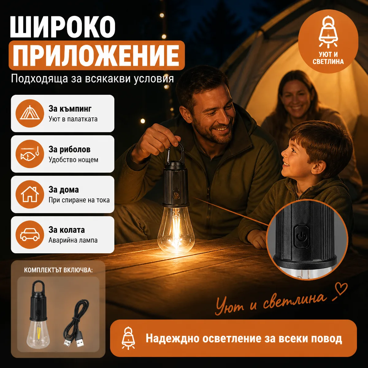 Επαναφορτιζόμενη λάμπα LED για κάμπινγκ με γάντζο
