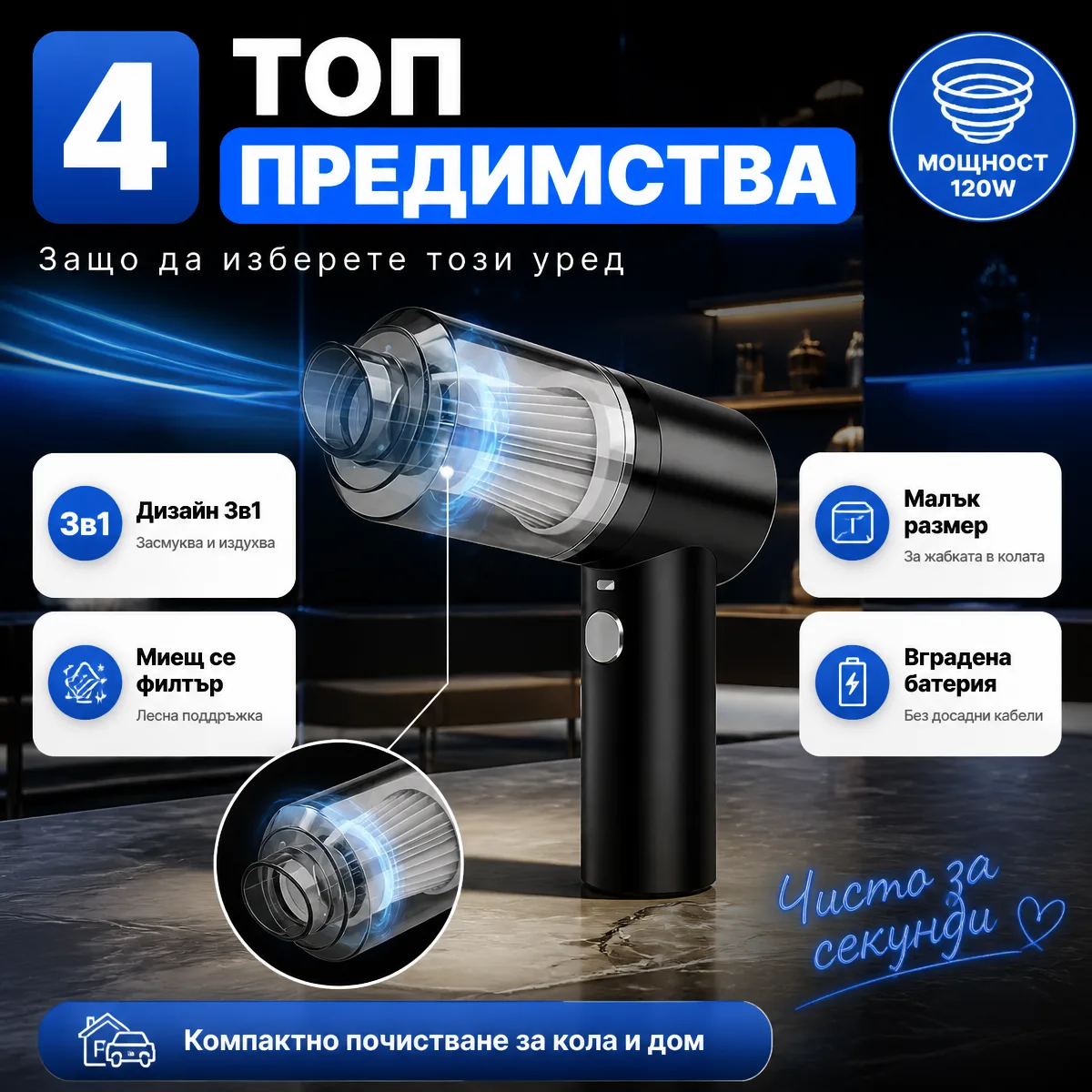 Φορητή ασύρματη 3 σε 1 μίνι σκούπα 120W