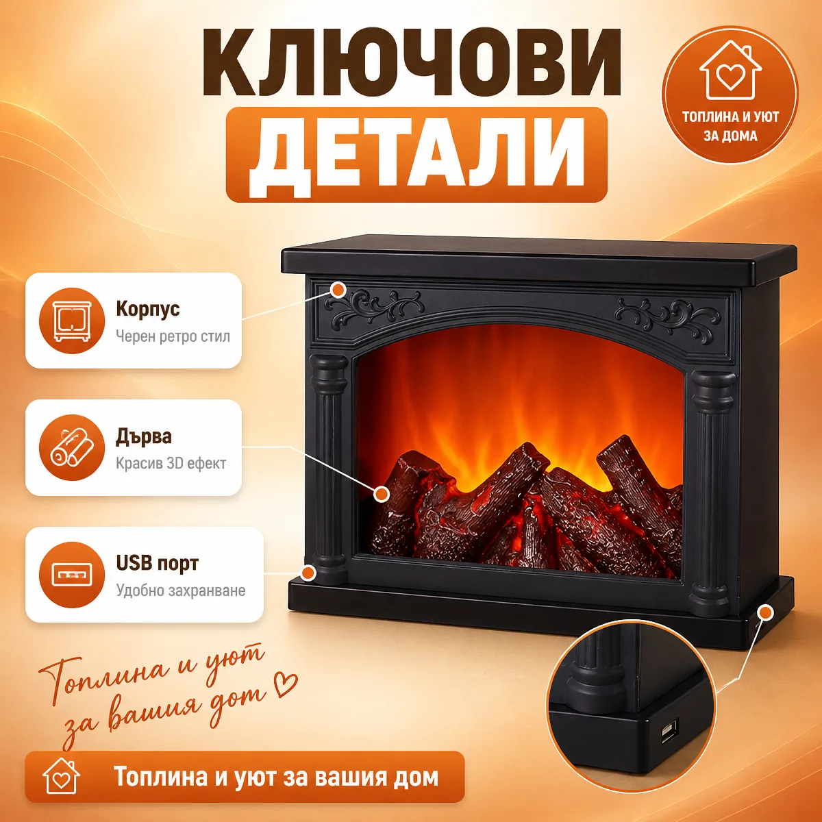 Διακοσμητικό Επιτραπέζιο Τζάκι LED με USB