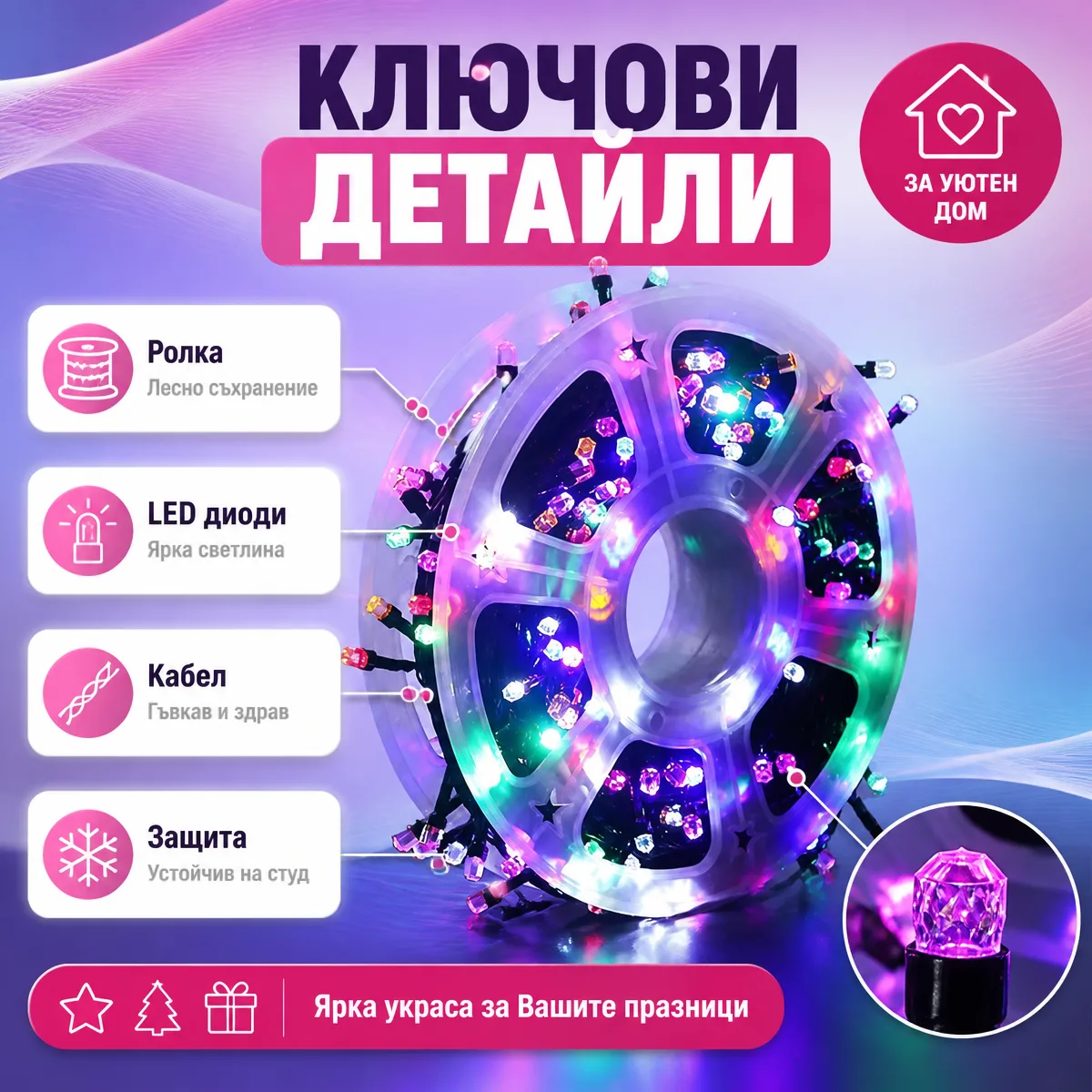 Πολύχρωμη γιρλάντα LED σε καρούλι 50 μέτρα