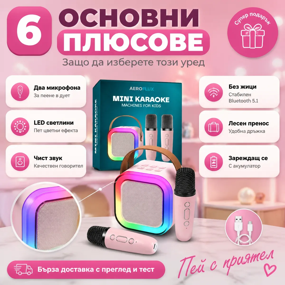 Φορητό μίνι σύστημα καραόκε με δύο ασύρματα μικρόφωνα
