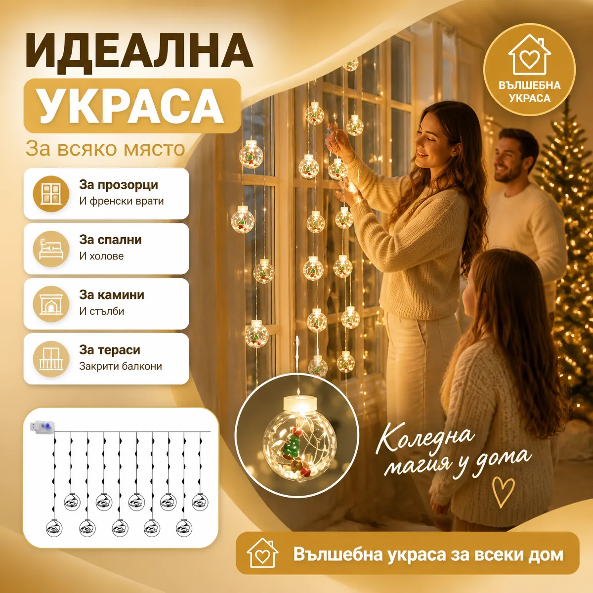 Χριστουγεννιάτικη κουρτίνα LED με 10 μπάλες και φιγούρες