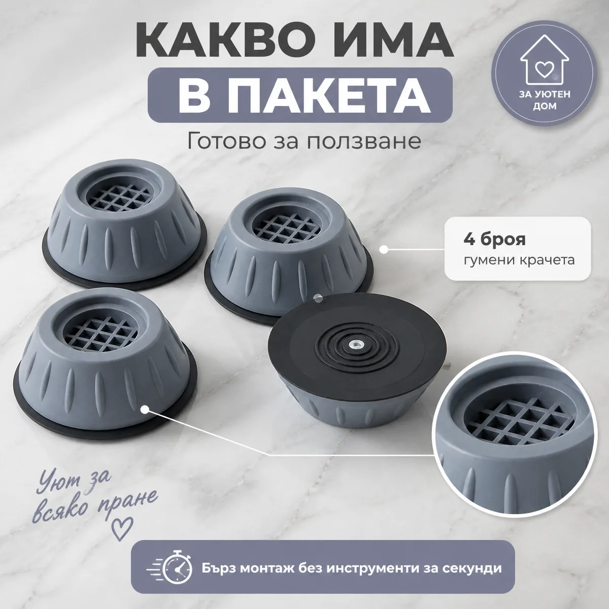 Σετ 4 τεμαχίων αντικραδασμικά πέλματα πλυντηρίου — περιεχόμενα συσκευασίας