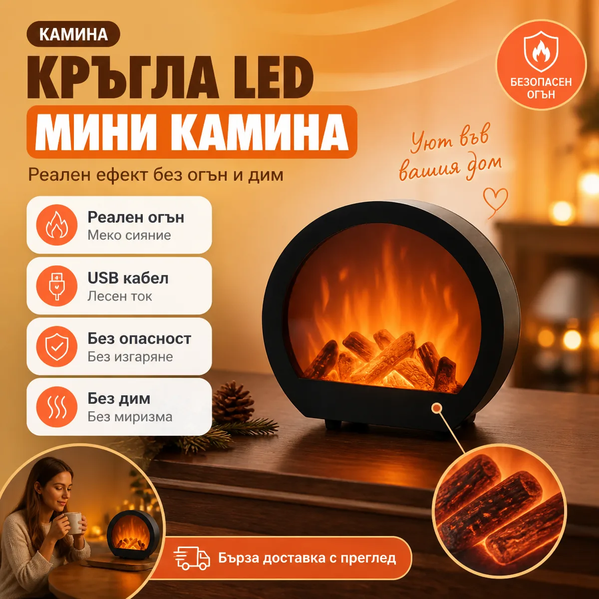 Στρογγυλό διακοσμητικό τζάκι LED με φλόγα