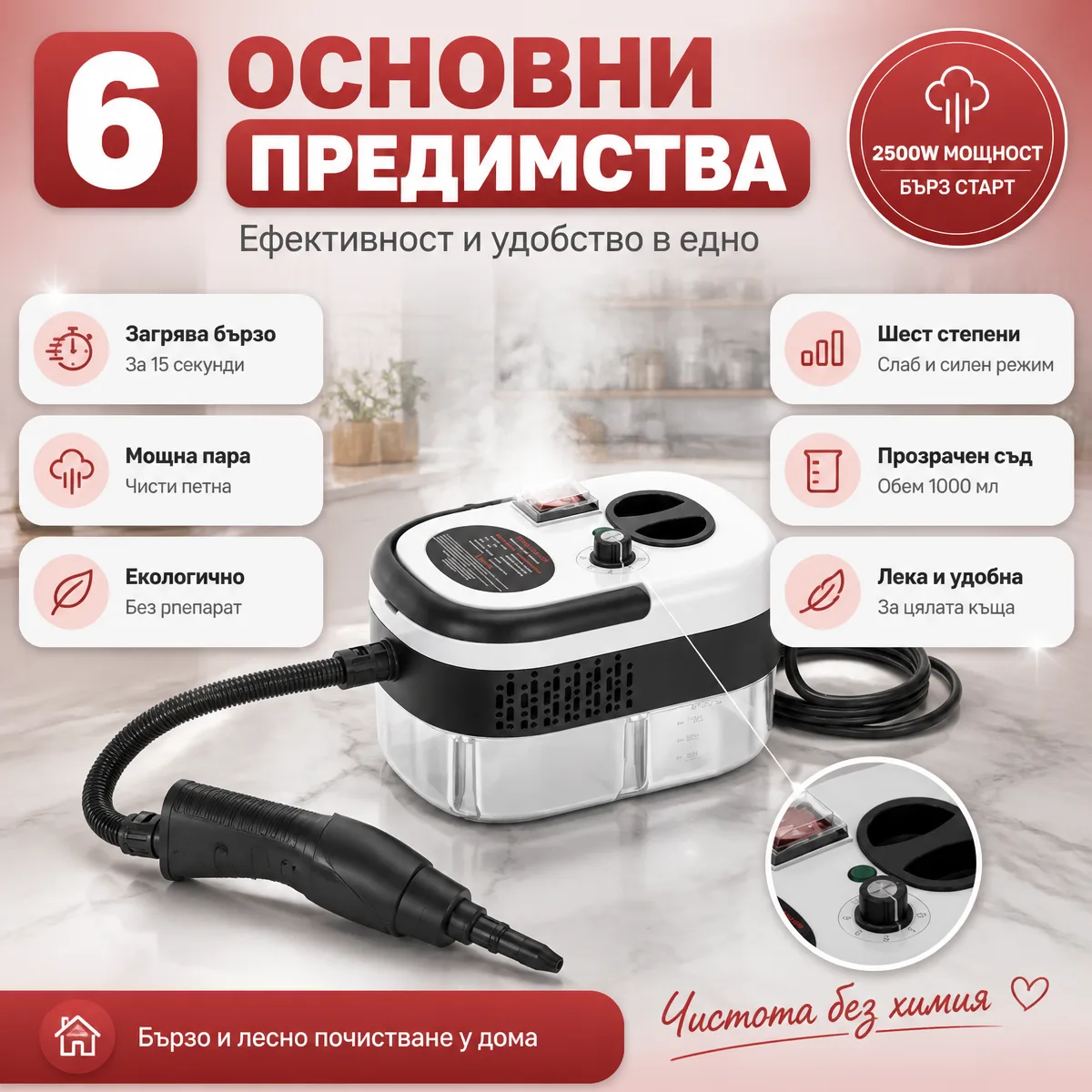 Ισχυρός φορητός ατμοκαθαριστής 2500W με εξαρτήματα